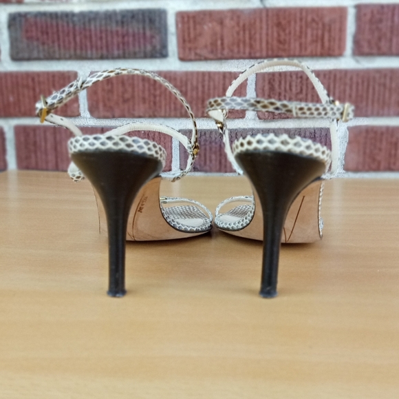 Kate Spade Snake Embossed Leather Strappy Heeled Sandals in Taupe Snake Sz. 8.5 - Picture 7 of 10
